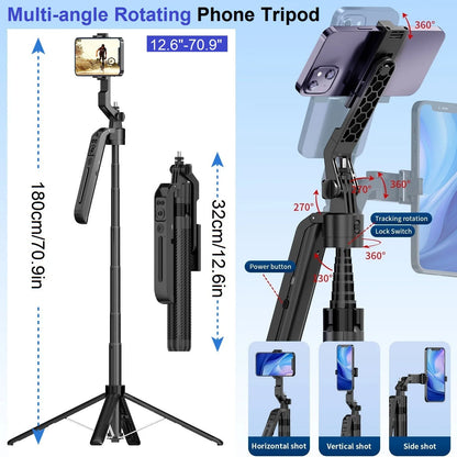 Auto Face Tracking Tripod 360° Rotation, 71" Extendable Phone Tripod Selfie Stick Smart Tracking Phone Holder for iPhone Videos