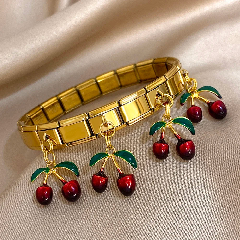 Geometric Square Stainless Steel Elastic Strap Bangle Bracelets for Women Strawberry Cherry Pendant Bracelets Hand Jewelry Gift