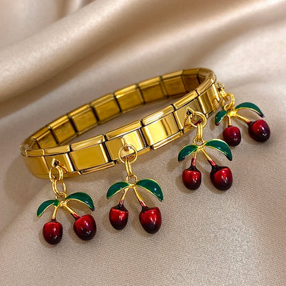 Geometric Square Stainless Steel Elastic Strap Bangle Bracelets for Women Strawberry Cherry Pendant Bracelets Hand Jewelry Gift