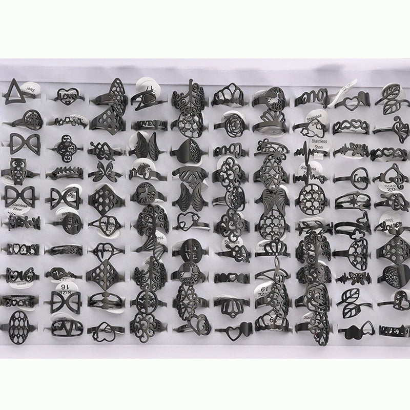 100 Pieces Stainless Steel Engraved Rings for Men and Women Fashion Charm Jewelry Gift Hollow Flower Finger Rings Wholesale Lots