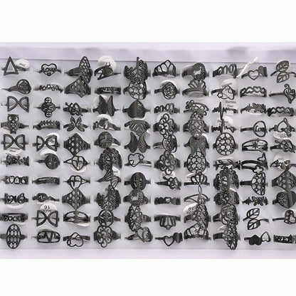 100 Pieces Stainless Steel Engraved Rings for Men and Women Fashion Charm Jewelry Gift Hollow Flower Finger Rings Wholesale Lots