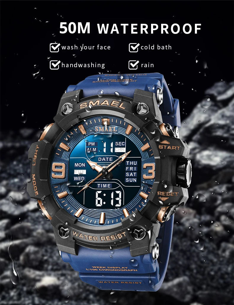 SMAEL 8049 Watch Sport LED Light Alarm Clock Dual Time Display WaterproofWeek Auto Date Wristwatches Quartz