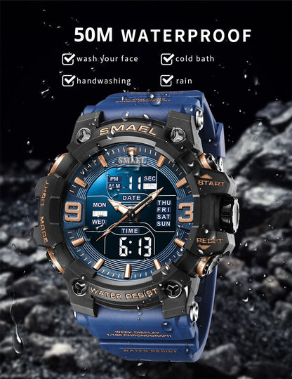 SMAEL 8049 Watch Sport LED Light Alarm Clock Dual Time Display WaterproofWeek Auto Date Wristwatches Quartz