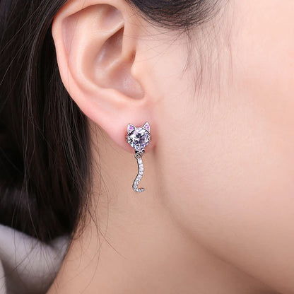 JewelryPalace New Arrival Love Cat Wagging Tail 4ct Round Gemstone 925 Sterling Silver Dangle Stud Earrings for Woman Girl Gift