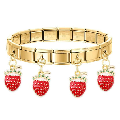 Geometric Square Stainless Steel Elastic Strap Bangle Bracelets for Women Strawberry Cherry Pendant Bracelets Hand Jewelry Gift