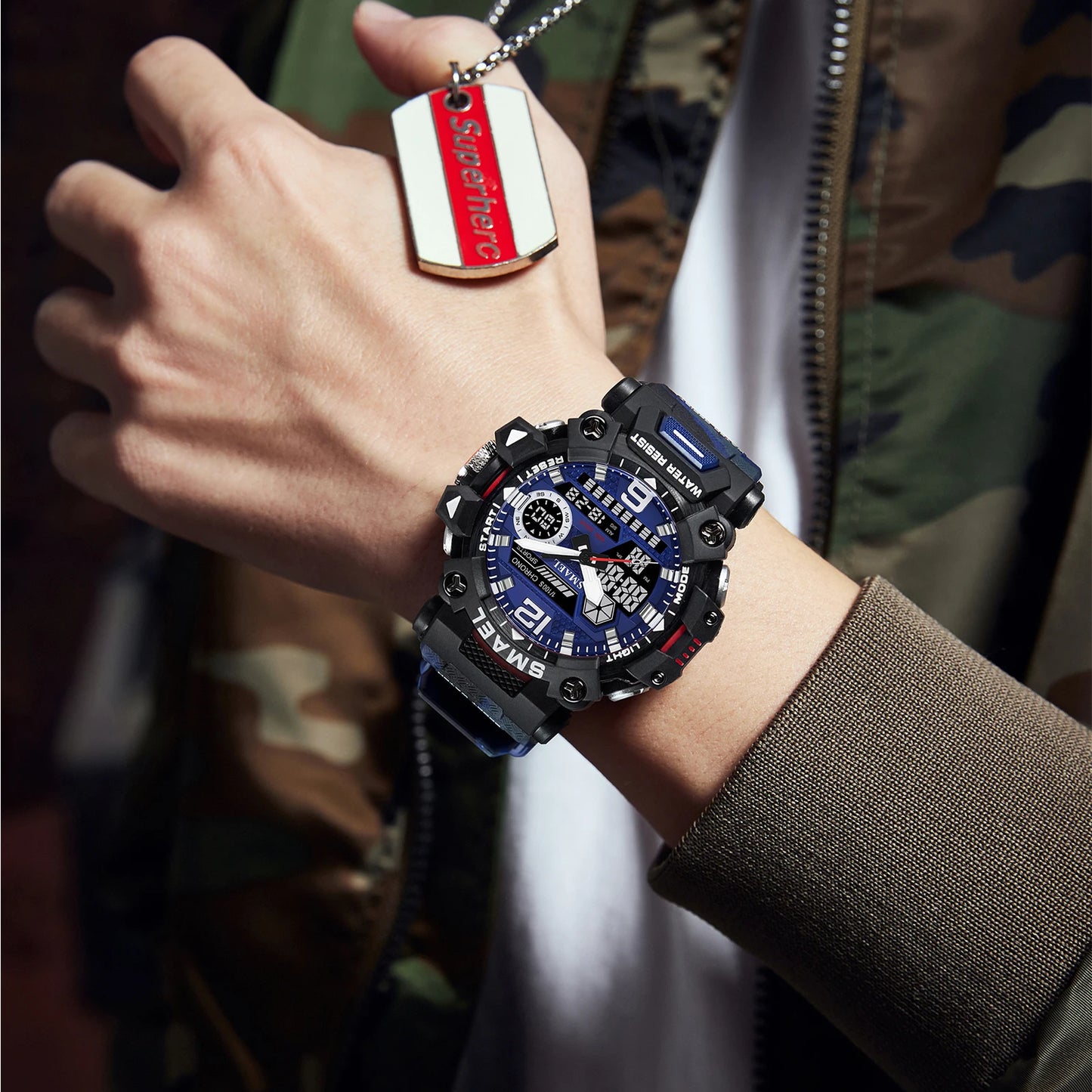 SMAEL New Watches 50m Waterproof Sports Watch Digital 8072 Army Watch Digital Quartz Dual Time Wristwatches LED for Men