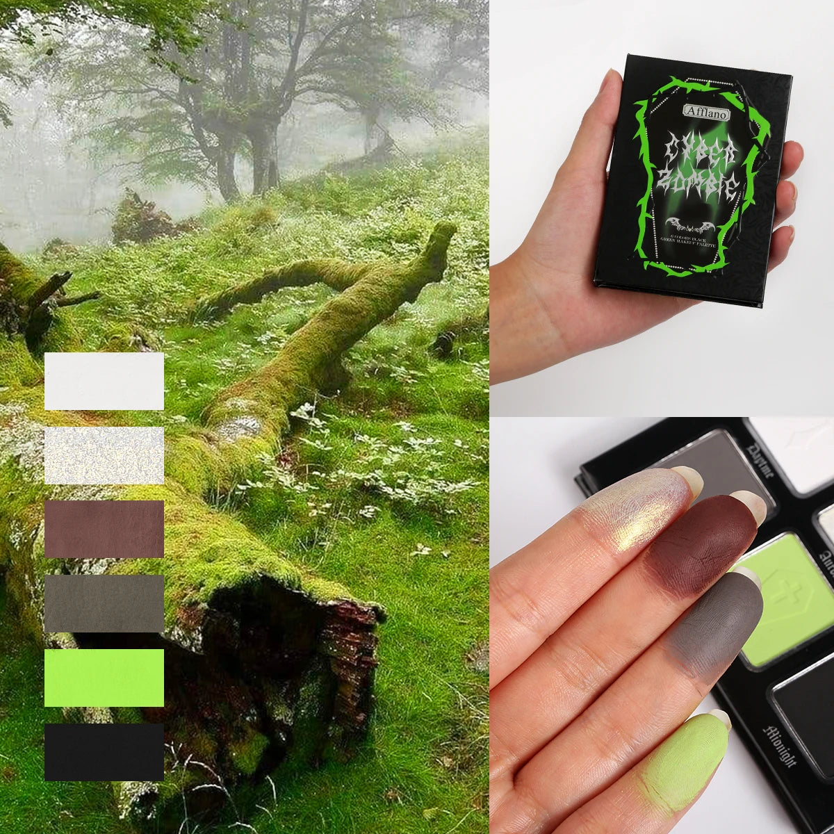 Green Brown Eyeshadow Palette, Highly Pigmented Bright Lime Green Black White Grey Goth Makeup Palette for Zombie Witch Monste