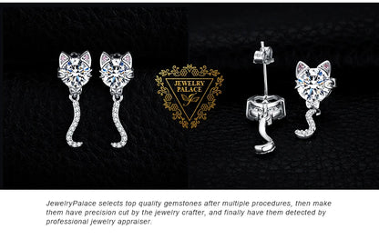 JewelryPalace New Arrival Love Cat Wagging Tail 4ct Round Gemstone 925 Sterling Silver Dangle Stud Earrings for Woman Girl Gift