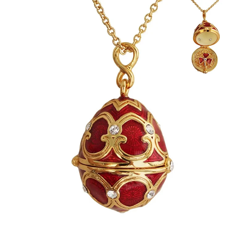 Enamel Handmade Faberge Easter Egg Pendant Necklace Jewelry Locket Brass Vintage Crystal Clover Inside Gift To Women Girls