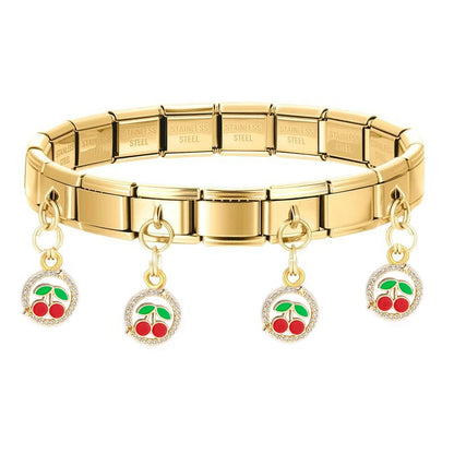 Geometric Square Stainless Steel Elastic Strap Bangle Bracelets for Women Strawberry Cherry Pendant Bracelets Hand Jewelry Gift