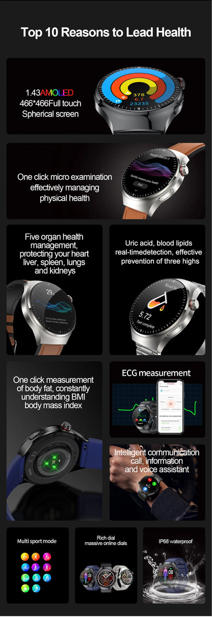 2025 New Men Health Expert Smart Watch Blood Pressure Blood Lipid Uric Acid ECG+PPG Body Temperature NFC HD Bluetooth Call Watch
