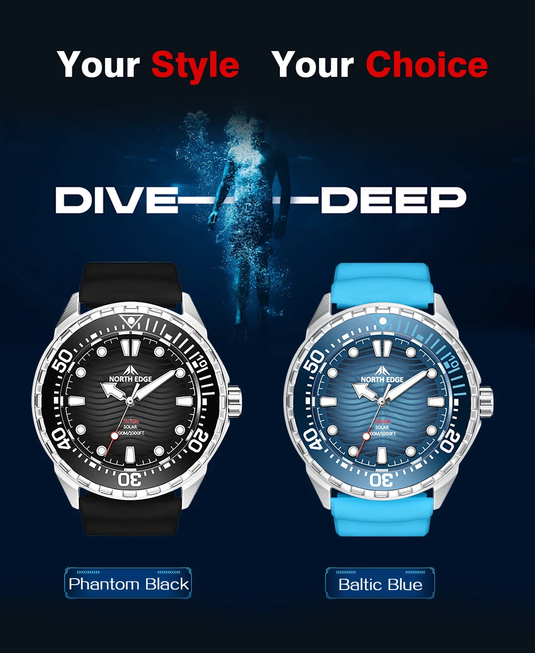 NORTH EDGE Watches for Man TRITON Solar Powered Diving Watch Quartz Wristwatch Stainless Steel Waterproof 300M Luxury Man Watch