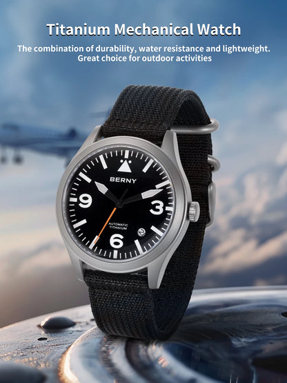 BERNY Pilot Titanium Automatic Watch for Men Sapphire AR Coated 10Bar Supper Luminous Men Wristwatch Sports Aviation Men Watches