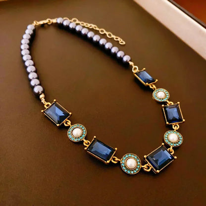 Dark Blue Rhinestone Square Pearl Necklace Earring for Women Medieval Vintage Collarbone Chain Exquisite Sparkle Jewelry Sets