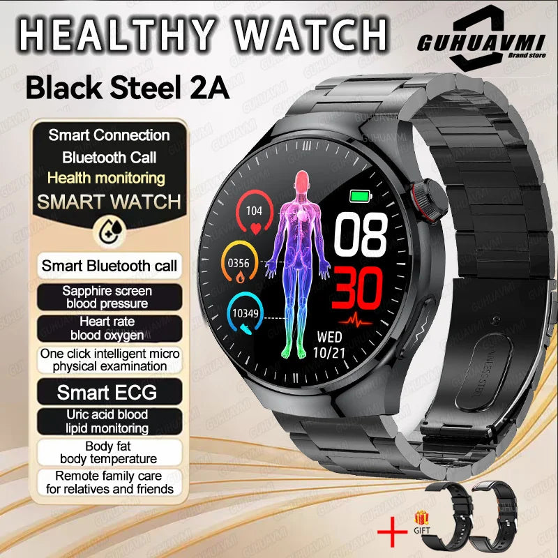 2025 New Men Health Expert Smart Watch Blood Pressure Blood Lipid Uric Acid ECG+PPG Body Temperature NFC HD Bluetooth Call Watch