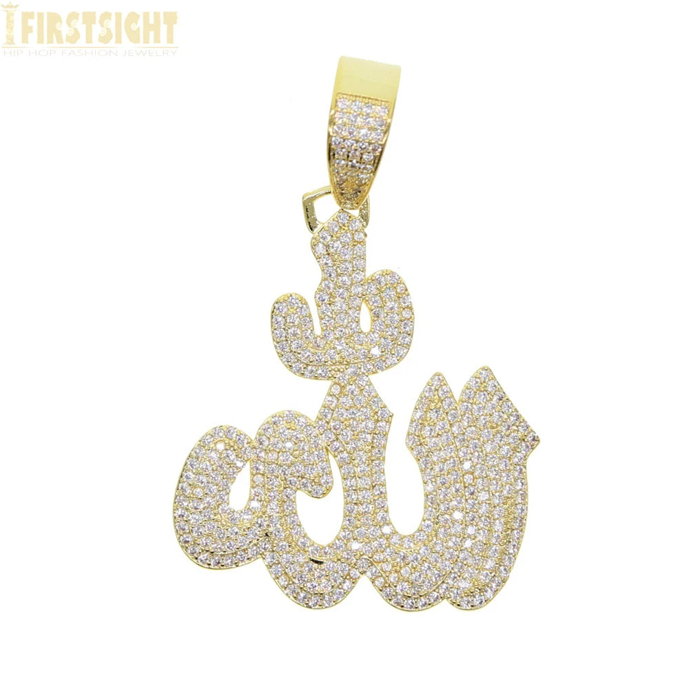 Iced Out Muslims Allah Pendant Necklace Silver Color Pave Zircon CZ Letter Charm Bling Women Men Hip Hop Jewelry
