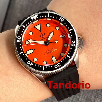 37mm 200M Diving NH35A Ceramic Bezel 120 Click Sapphire Glass Luminous Auto Orange Dial Men Watch 3.8 Crown