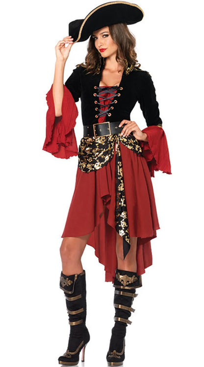 Halloween costume, makeup ball, red pirate cosplay, Captain Jack, adult female, Caribbean pirate performance costume