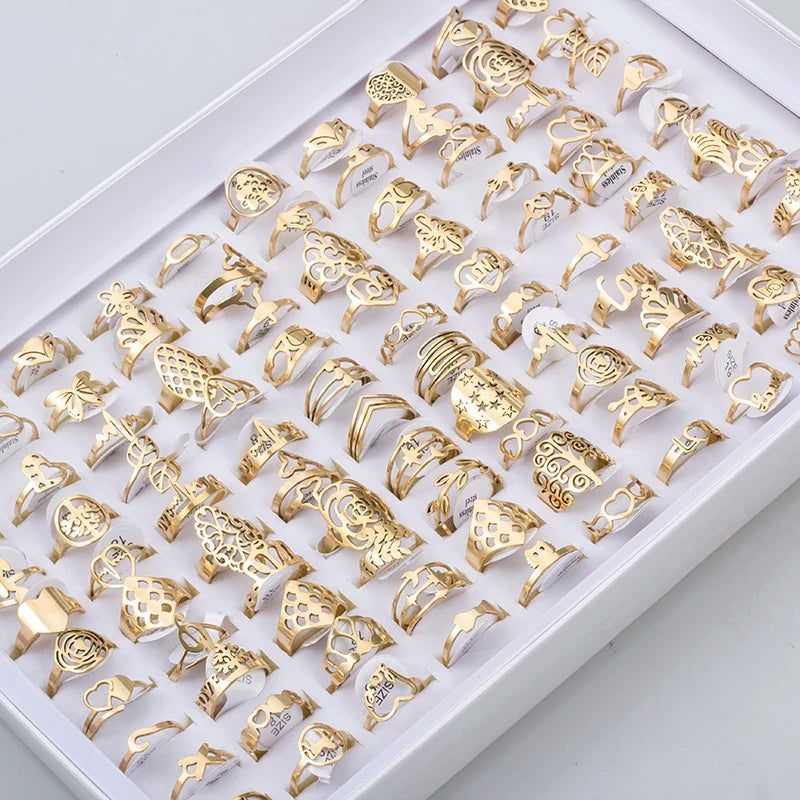 100 Pieces Stainless Steel Engraved Rings for Men and Women Fashion Charm Jewelry Gift Hollow Flower Finger Rings Wholesale Lots