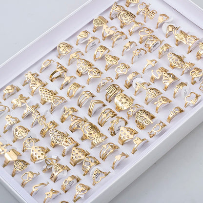 100 Pieces Stainless Steel Engraved Rings for Men and Women Fashion Charm Jewelry Gift Hollow Flower Finger Rings Wholesale Lots