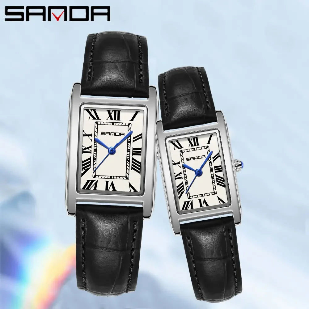 SANDA Luxury Tank Couple Watch Wear Resistant Leather Strap Square Dial Waterproof Sport Casual Women Men Quartz Watches Reloj
