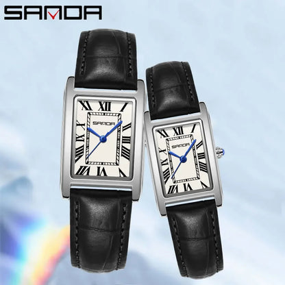 SANDA Luxury Tank Couple Watch Wear Resistant Leather Strap Square Dial Waterproof Sport Casual Women Men Quartz Watches Reloj