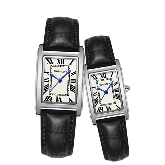 SANDA Luxury Tank Couple Watch – Square Dial Quartz, Leather Strap, Waterproof