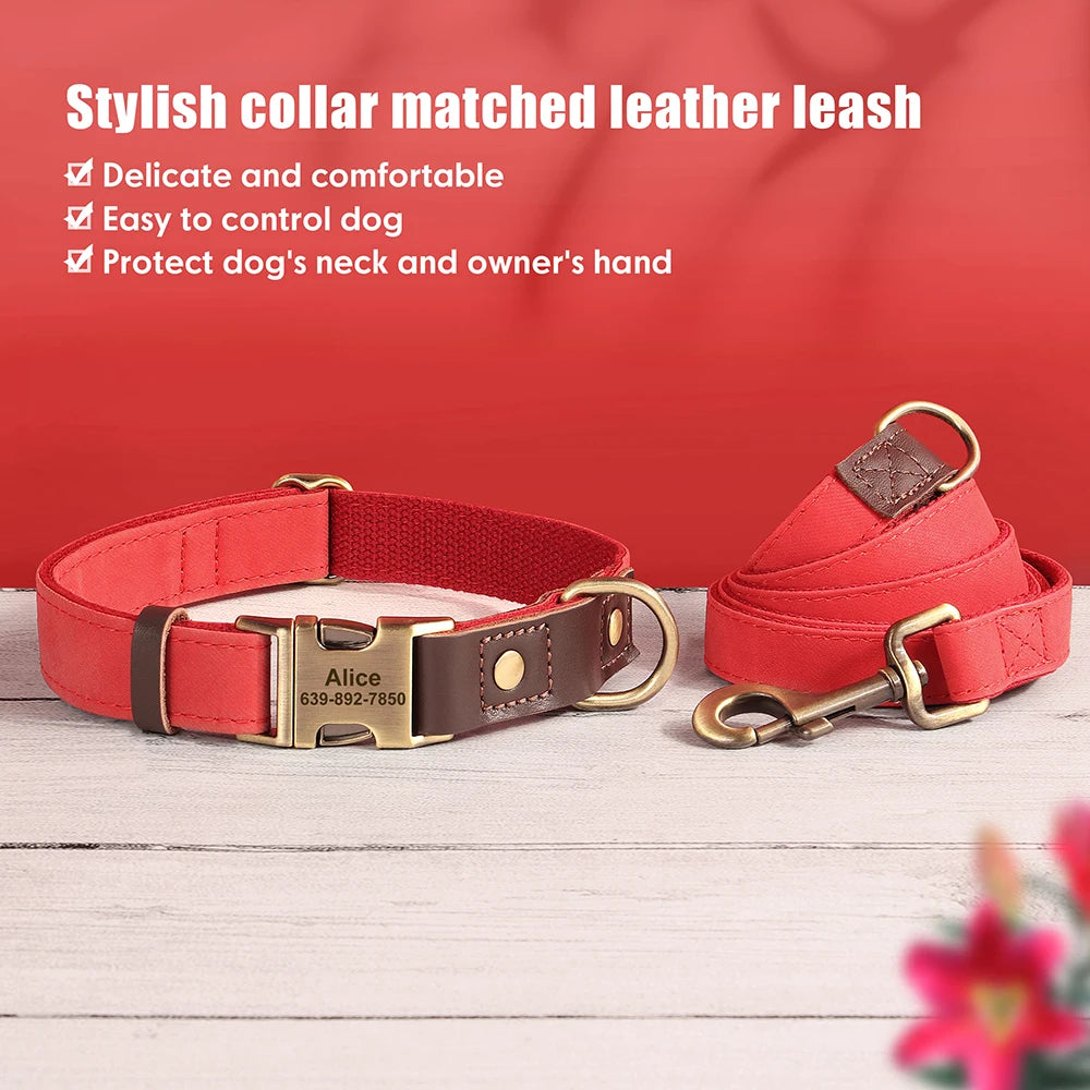 Personalized Dog Collar Leash Durable Nylon Leather Dog Buckle Collars Necklace Pet Walking Leash for Small Medium Dogs Pitbull