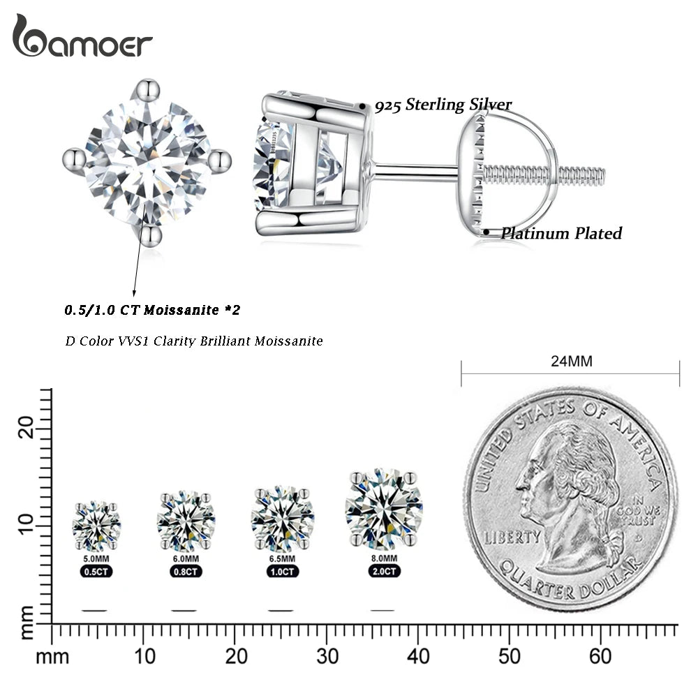 BAMOER 4 Prongs Moissanite Earrings for Women Solid 925 Sterling Silver 2CT VVS1 Lab Diamond Sparkling Classic Wedding Jewelry
