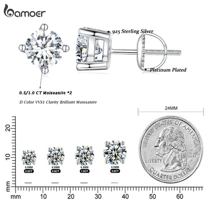 BAMOER 4 Prongs Moissanite Earrings for Women Solid 925 Sterling Silver 2CT VVS1 Lab Diamond Sparkling Classic Wedding Jewelry