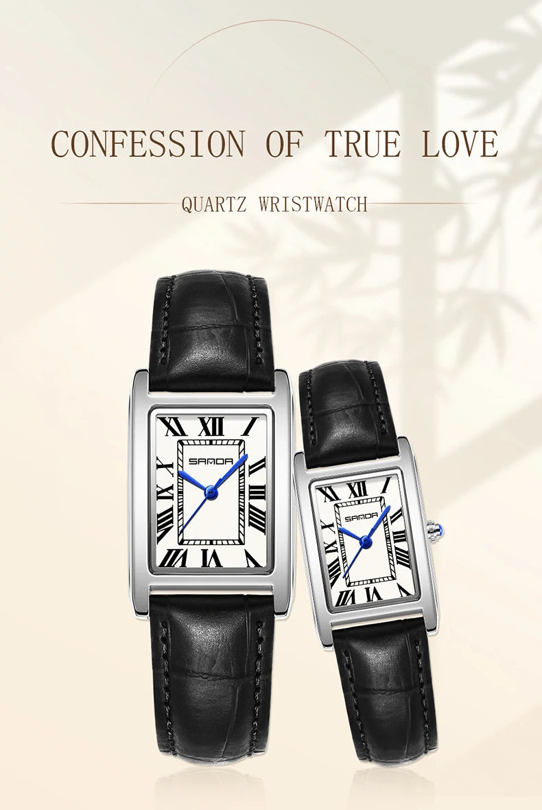 SANDA Luxury Tank Couple Watch Wear Resistant Leather Strap Square Dial Waterproof Sport Casual Women Men Quartz Watches Reloj