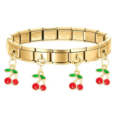 Geometric Square Stainless Steel Elastic Strap Bangle Bracelets for Women Strawberry Cherry Pendant Bracelets Hand Jewelry Gift