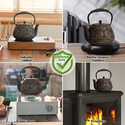 Cast Iron Teapot, Sakura Design Japanese Tea Pot for Loose Leaf Coatewith Enameled Interior, 1200ml Green