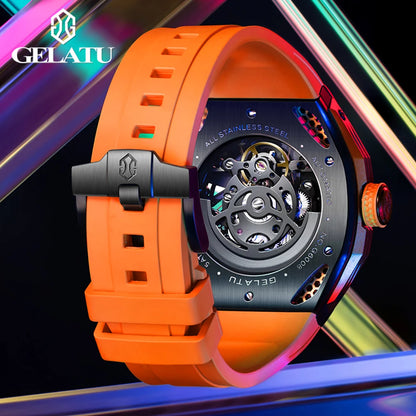 GELATU NEW Skeleton Tourbillon Watch For Men 5ATM Waterproof Luxury Sky Blue Automatic Mechanical Watches Mens Reloj Hombre