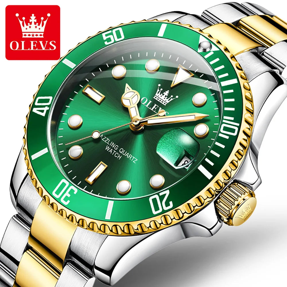 OLEVS Couple Watch Luxury Top Original Quartz Watches Stainless Steel Lover's Wristwatch for Men Women Green Water Ghost Series