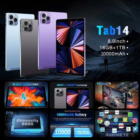 2025 Original 8 inch Pad Tab 14 Android 12 Tablet PC 16GB Ram 1TB Rom Dual SIM 10 Core Dimensity 9000 WPS GPS Bluetooth 10000mAh