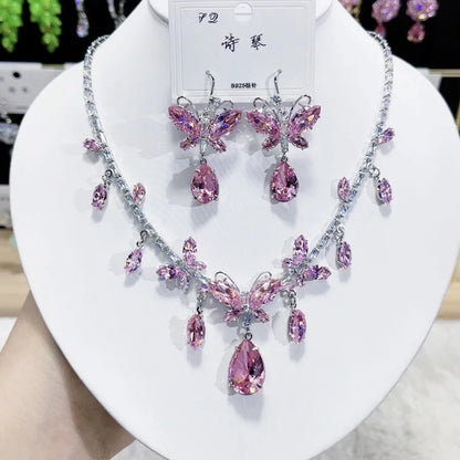 Multicolor Waterdrop Tassel Zirconia Necklace Earrings Women New Silver Color Bridal Wedding Fashion Jewelry Set Party Gifts