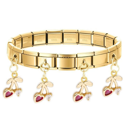 Geometric Square Stainless Steel Elastic Strap Bangle Bracelets for Women Strawberry Cherry Pendant Bracelets Hand Jewelry Gift