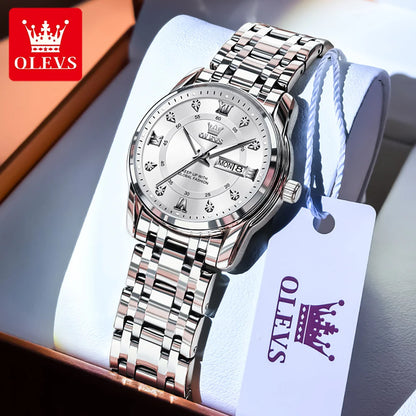 OLEVS Best Selling Fashion Stainless Steel Quartz Ladies Watch Luxury Dual Calendar Luminous Waterproof Elegant Watch for Women