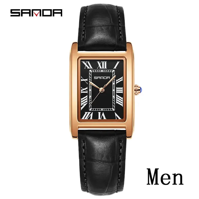 SANDA Luxury Tank Couple Watch Wear Resistant Leather Strap Square Dial Waterproof Sport Casual Women Men Quartz Watches Reloj