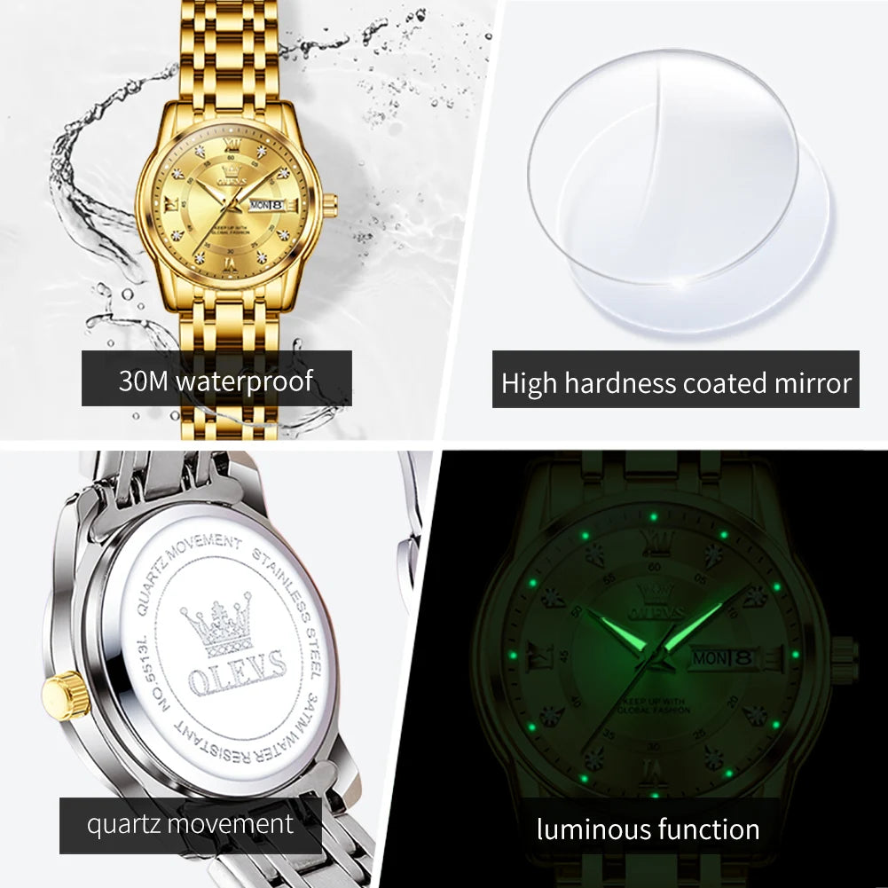 OLEVS Best Selling Fashion Stainless Steel Quartz Ladies Watch Luxury Dual Calendar Luminous Waterproof Elegant Watch for Women
