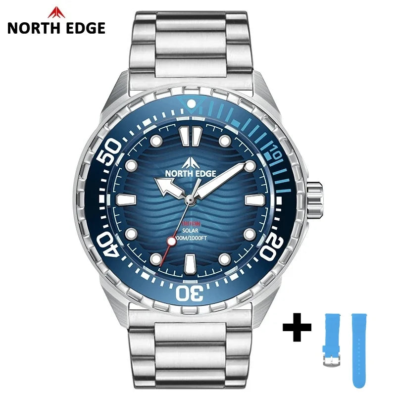NORTH EDGE Watches for Man TRITON Solar Powered Diving Watch Quartz Wristwatch Stainless Steel Waterproof 300M Luxury Man Watch