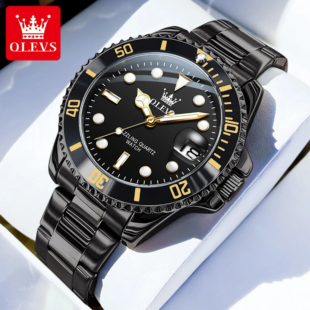 OLEVS 5885 Men's Watches Business Stainless Steel Strap Green Quartz Watch Waterproof Calendar Luminous High Quality Wristwatch