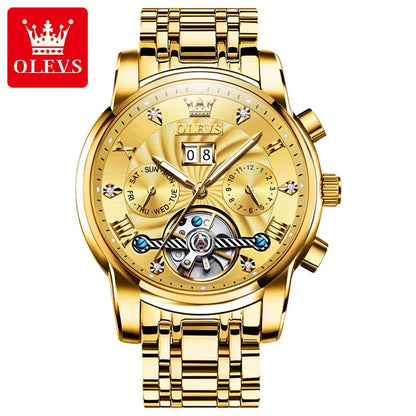 OLEVS Mens Watch Automatic Mechanical Tourbillon Slef-Wind Luxury Stainless Steel Strap Waterproof Luminous Date Wrist Watch