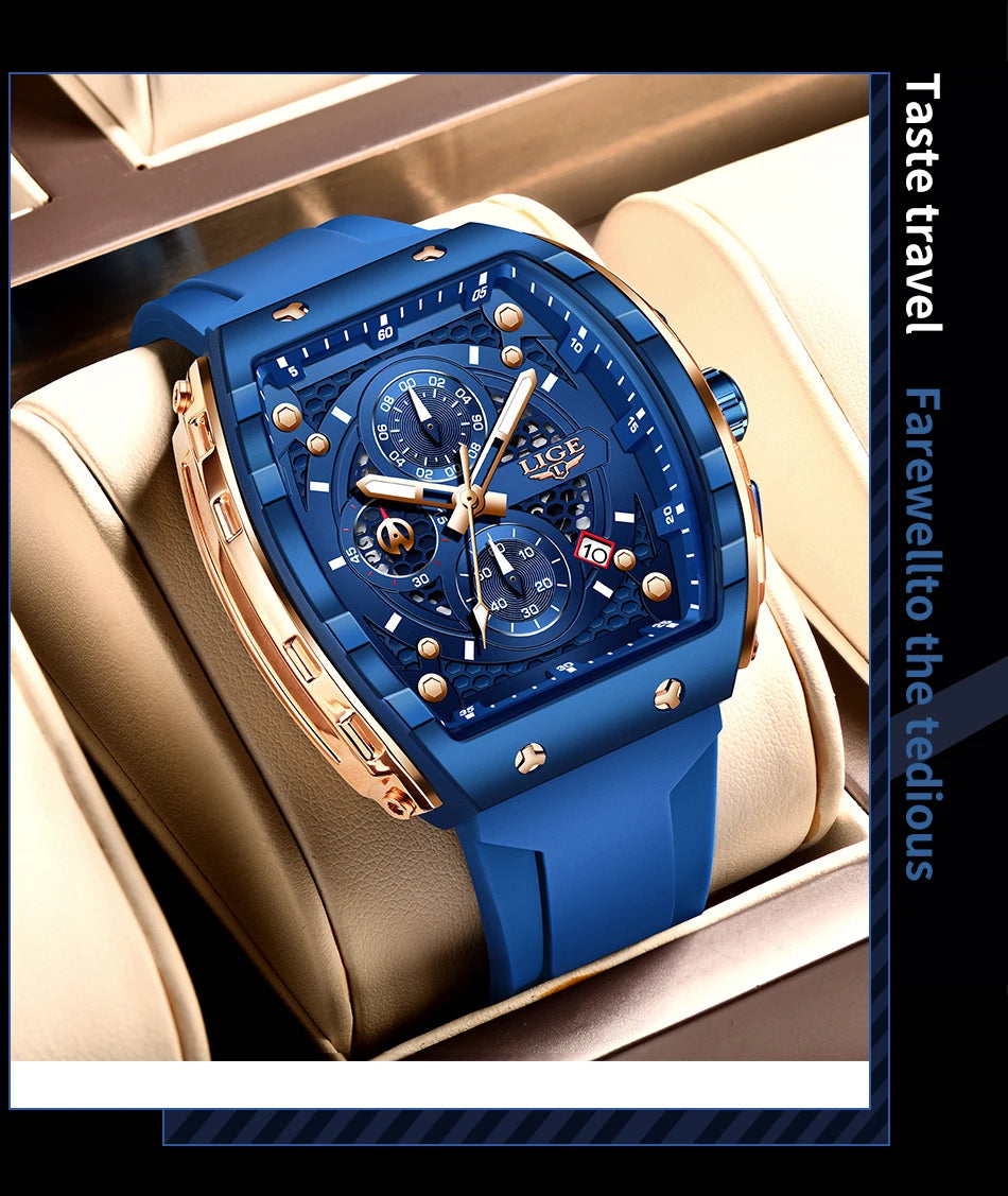 LIGE Top Brand Luxury Square Quartz Watches for Men Fashion Casual Sport 50M Waterproof Man Watch Auto Date Military Chronograph