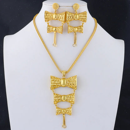 Saudi Arabia 24K Gold Color Jewelry Sets Ethiopia Wedding Necklace Earring Brazilian Arab Bridal Luxury Set Party Gift Two-Piec