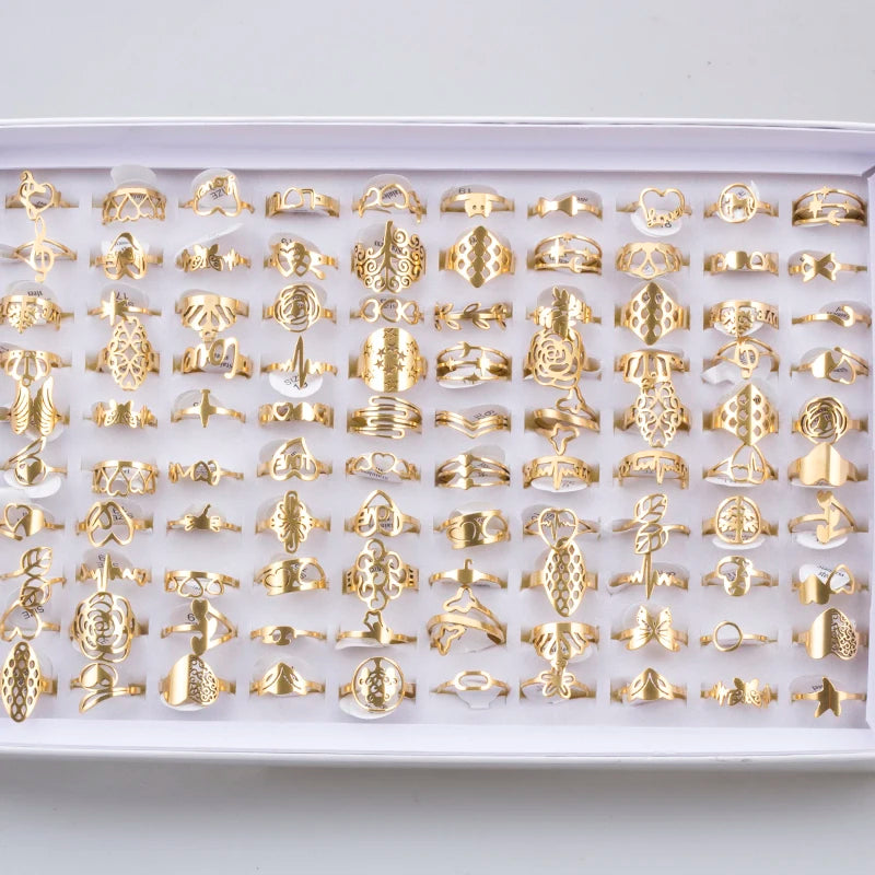 100 Pieces Stainless Steel Engraved Rings for Men and Women Fashion Charm Jewelry Gift Hollow Flower Finger Rings Wholesale Lots