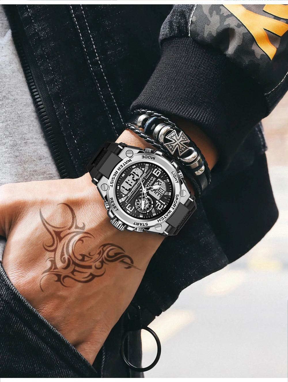 SANDA Men Sports Quartz Watches Dual Display LED Electronic Digital Wristwatches Waterproof Military Watch Relogios Masculino