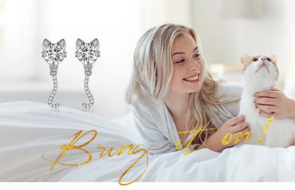 JewelryPalace New Arrival Love Cat Wagging Tail 4ct Round Gemstone 925 Sterling Silver Dangle Stud Earrings for Woman Girl Gift