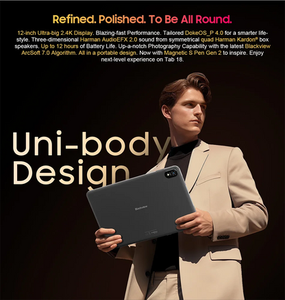 Blackview Tab 18 Tablet - 12" 2.4K FHD+ Display 8GB 256GB MTK Helio G99 8800mAh Pressure Sensitivity